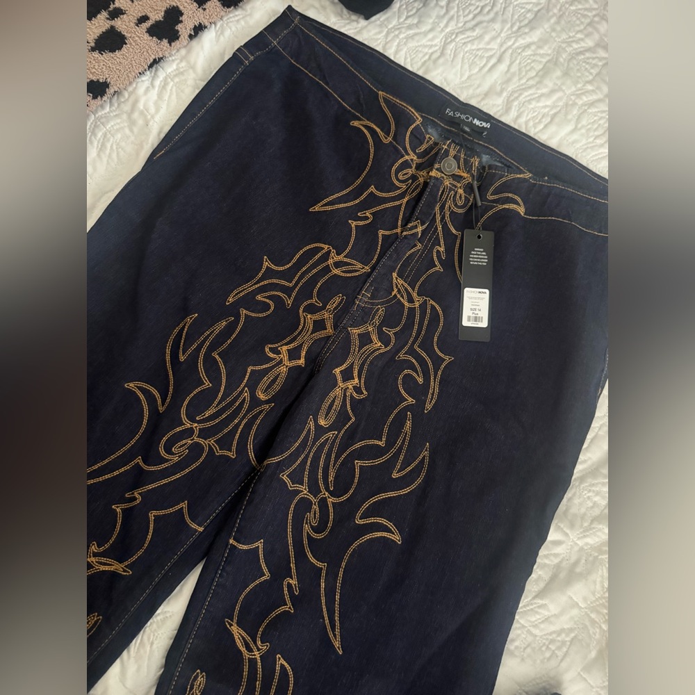 Fashion Nova Navy Jeans with Gold Contrast Stitching